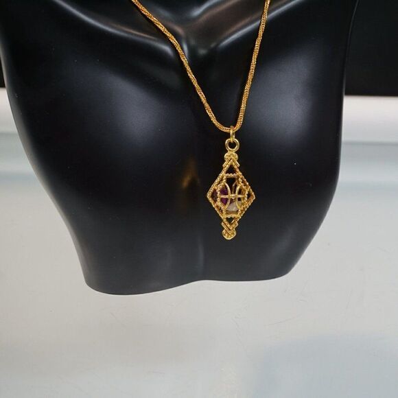 Vintage Mid Century Gold Tone Pendant Necklace Amethyst Rose Quartz 23" Chain - Picture 6 of 8